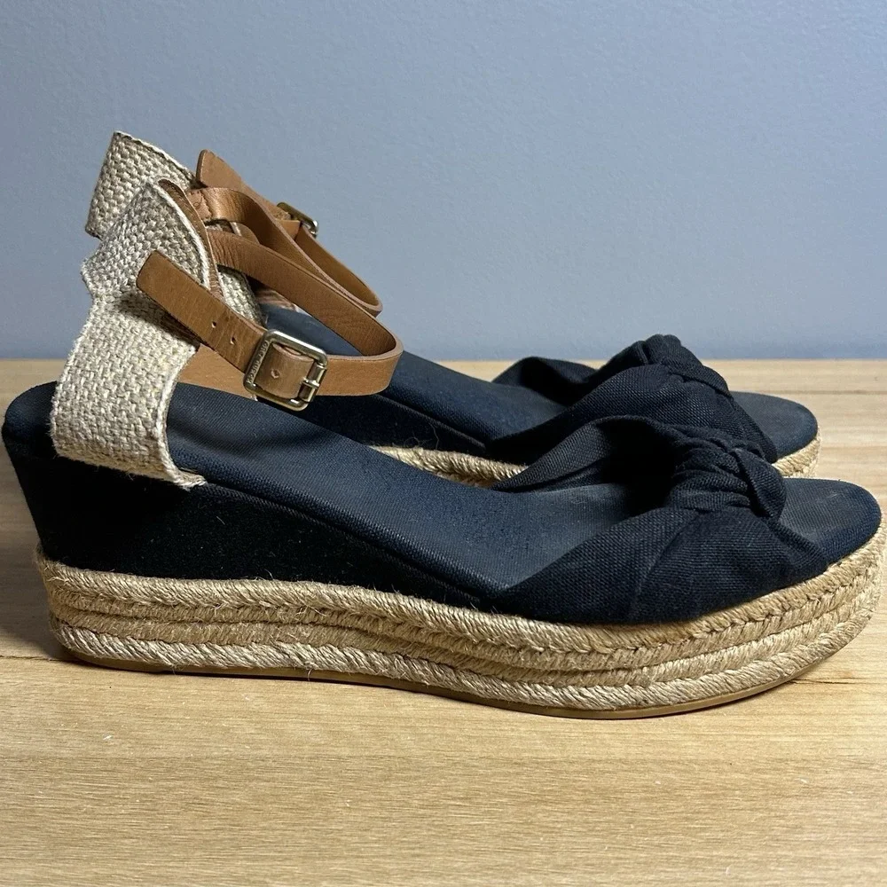 Tory Burch Black Royal Tan Knotted Bow Fabric Buckle Espadrille Wedge Sandals